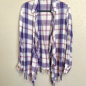 Anthropologie Willow & Clay blue duster open front cardigan Fringe Plaid size XS